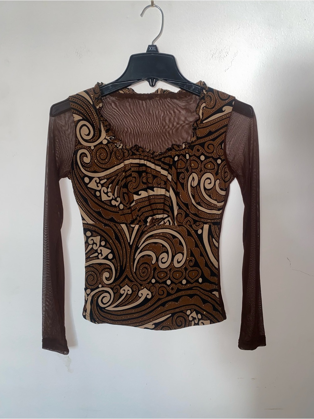 Long Sleeve Brown Patterned Mesh-Insert Top